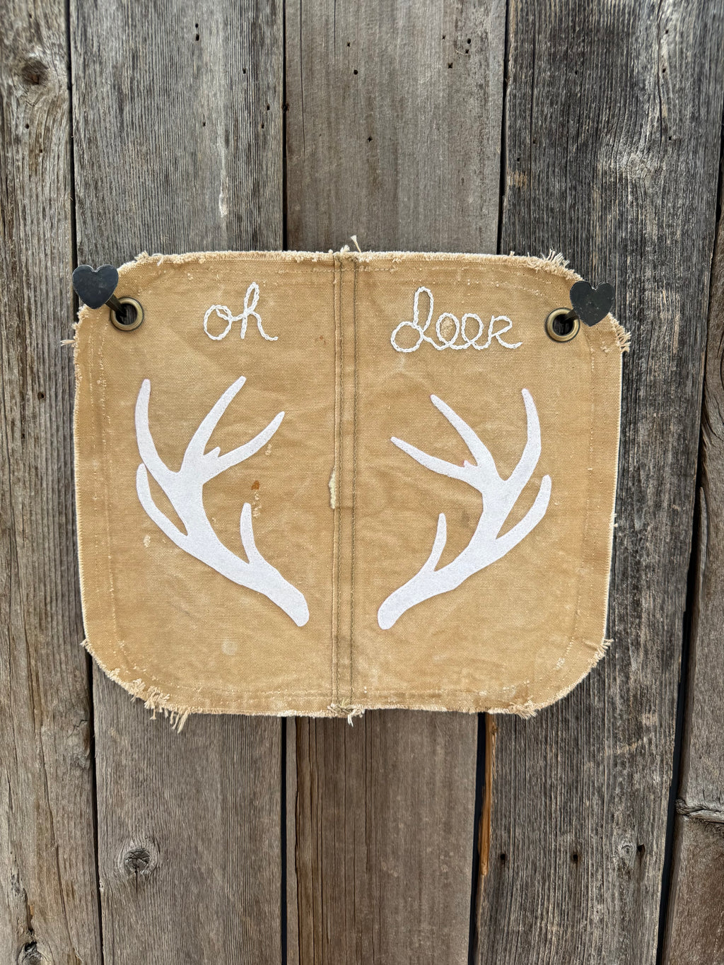 "oh deer" small banner sewn on vintage canvas