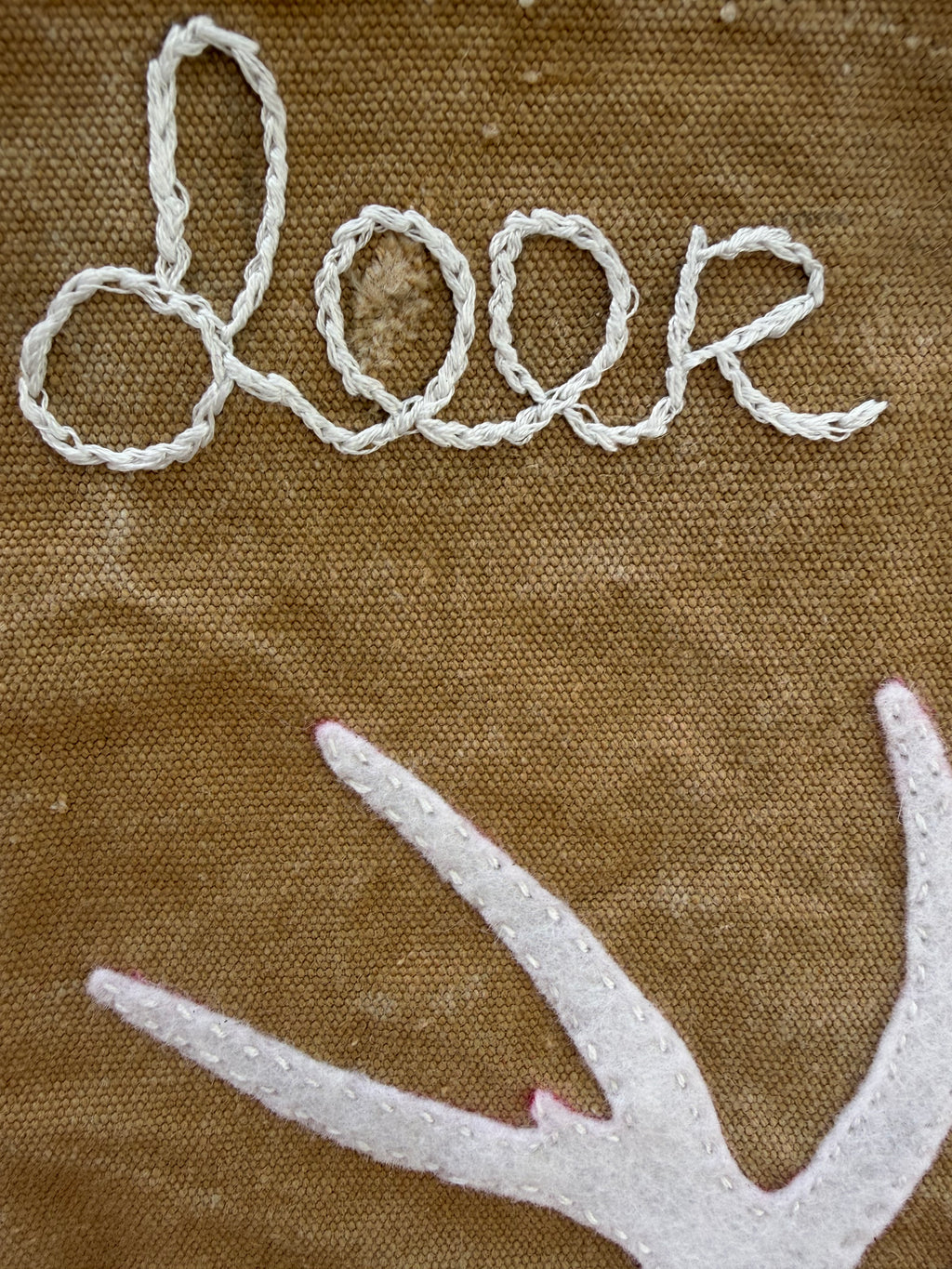"oh deer" small banner sewn on vintage canvas